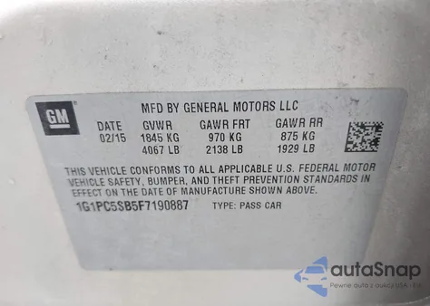 2015 Chevrolet Cruze 1Lt Auto from USA, damaged, VIN 1G1PC5SB5F7190887